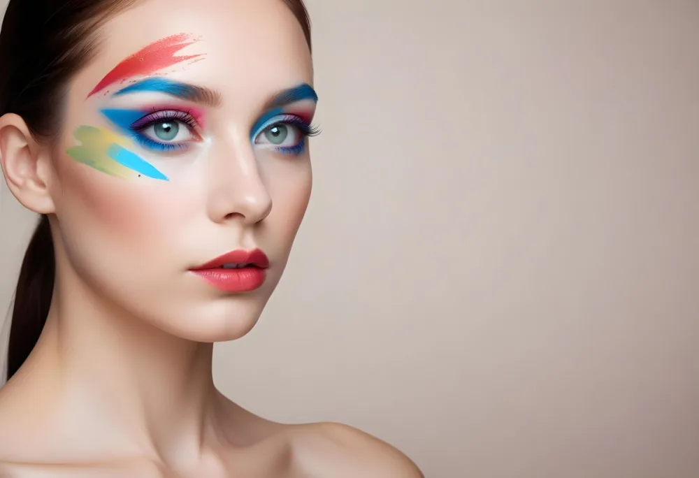 A Young Caucasian Woman With Light Skin And Long Straight Hair Featuring Artistic Makeup With Vibrant Colors Including Red Blue Yellow And Green On Her Eyelids And Around Her Eyes She Has Full Lips And Is Looking T 78 B899