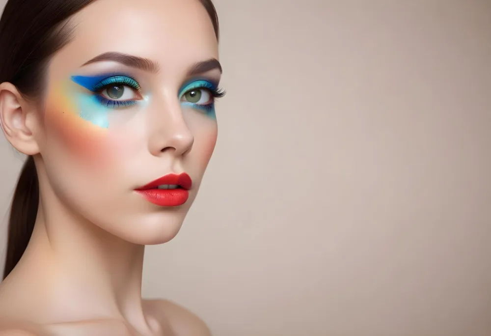 A Young Caucasian Woman With Light Skin And Long Straight Hair Featuring Artistic Makeup With Vibrant Colors Including Red Blue Yellow And Green On Her Eyelids And Around Her Eyes She Has Full Lips And Is Looking T 82 De30