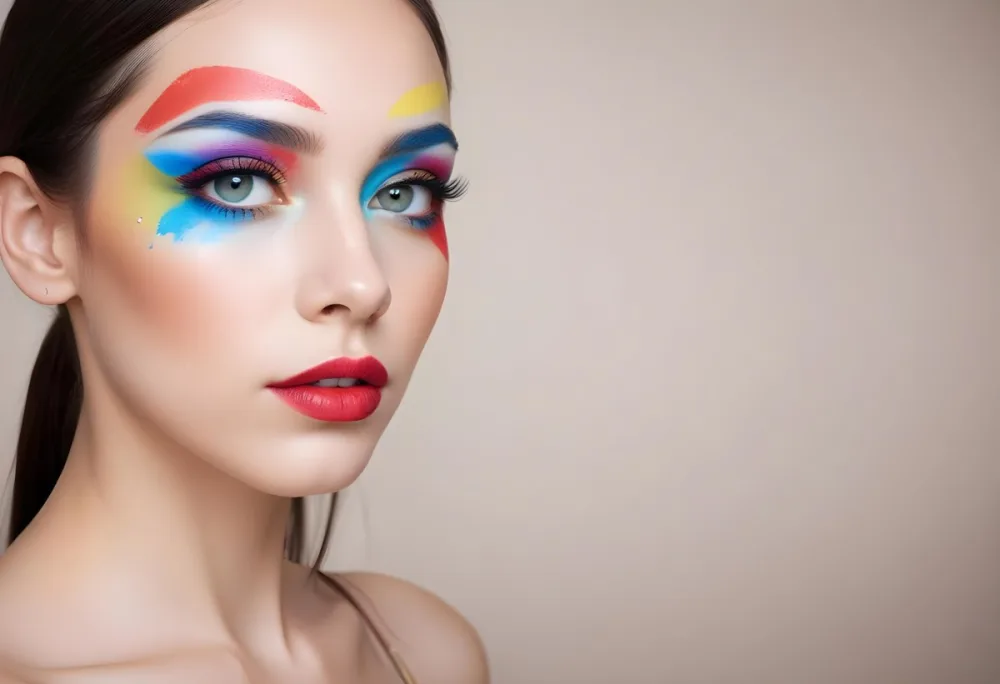 A Young Caucasian Woman With Light Skin And Long Straight Hair Featuring Artistic Makeup With Vibrant Colors Including Red Blue Yellow And Green On Her Eyelids And Around Her Eyes She Has Full Lips And Is Looking T 90 55f2