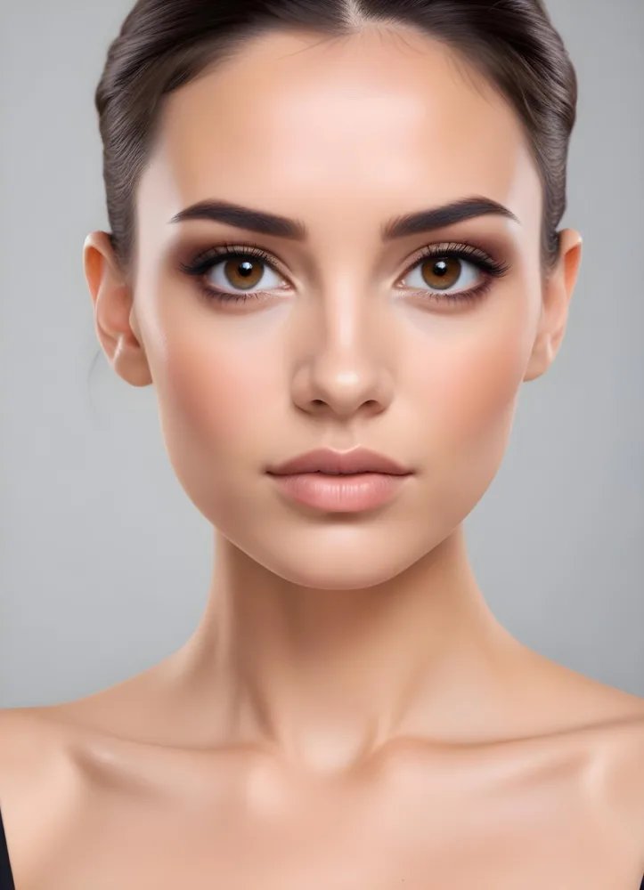 A Young Caucasian Woman With Light Skin Brown Eyes And Dark Hair Styled In A Sleek Updo She Has Natural Looking Makeup With A Subtle Smokey Eye And Nude Lip The Background Is Plain And Neutral Allowing T 3 Bed6