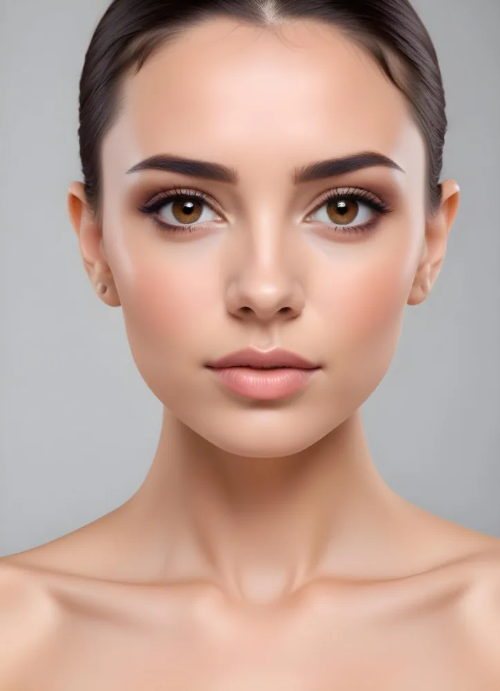 A Young Caucasian Woman With Light Skin Brown Eyes And Dark Hair Styled In A Sleek Updo She Has Natural Looking Makeup With A Subtle Smokey Eye And Nude Lip The Background Is Plain And Neutral Allowing T 9 686a
