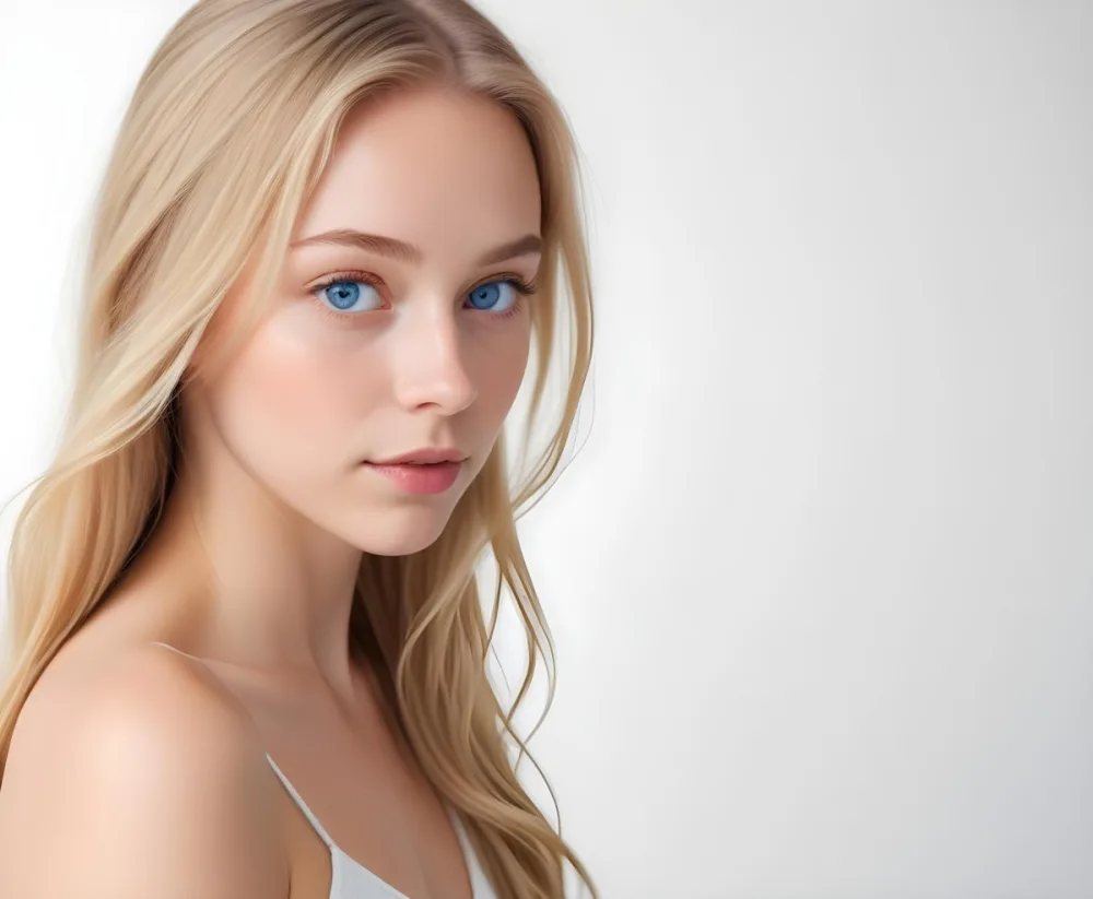 A Young Caucasian Woman With Long Blonde Hair Blue Eyes And Light Skin She Has A Natural Makeup Look And Is Posing Against A Plain White Background 11 1c21