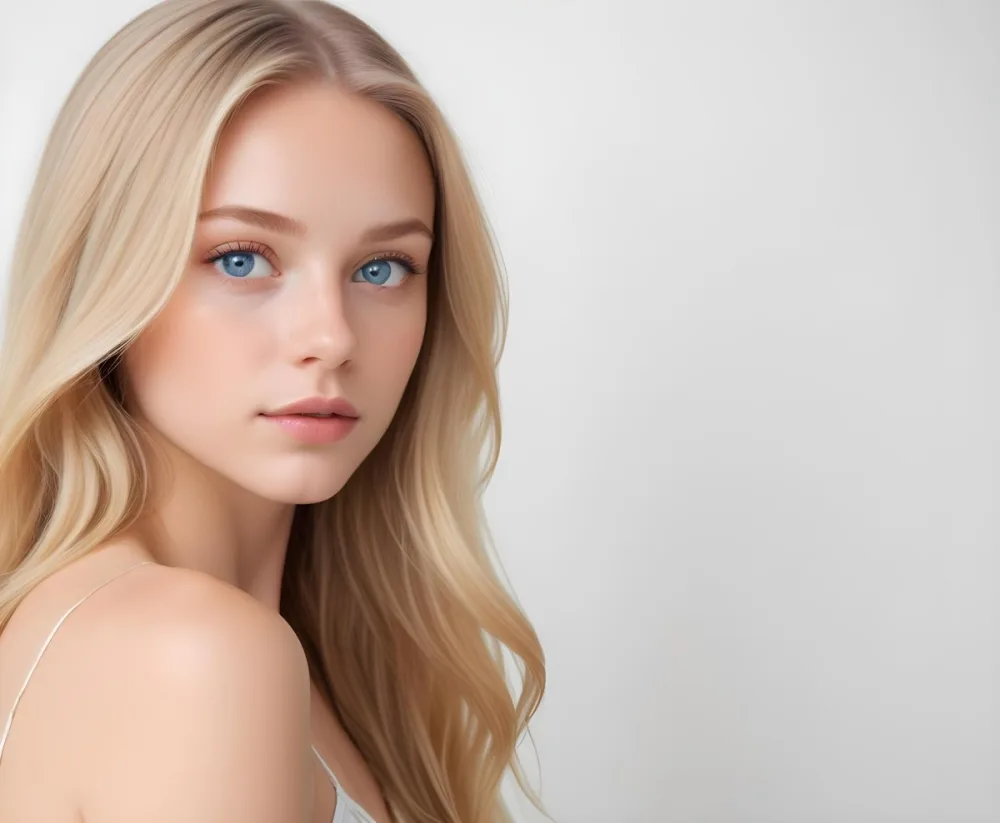 A Young Caucasian Woman With Long Blonde Hair Blue Eyes And Light Skin She Has A Natural Makeup Look And Is Posing Against A Plain White Background 12 4b34