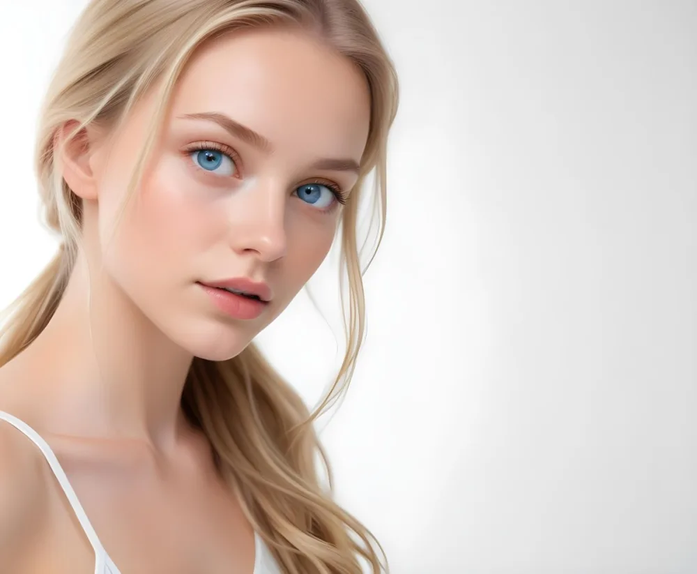 A Young Caucasian Woman With Long Blonde Hair Blue Eyes And Light Skin She Has A Natural Makeup Look And Is Posing Against A Plain White Background 16 35de