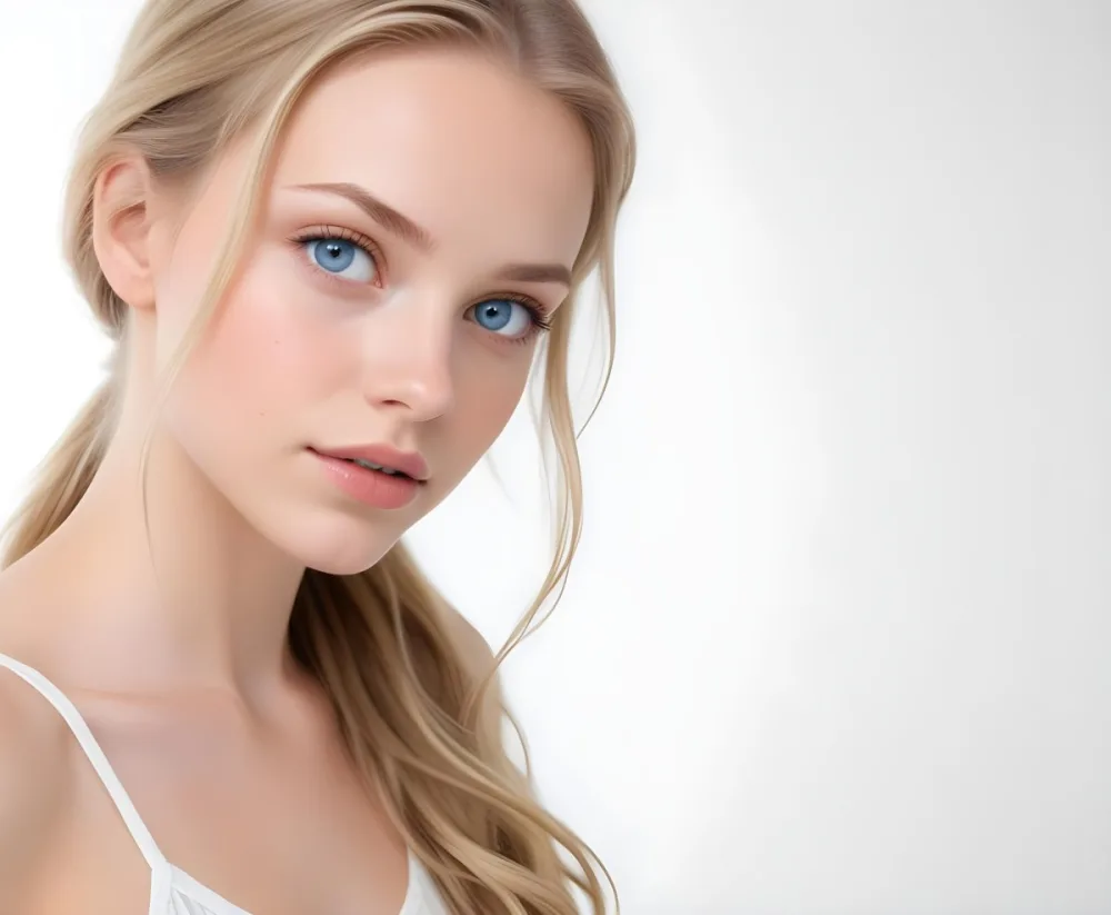 A Young Caucasian Woman With Long Blonde Hair Blue Eyes And Light Skin She Has A Natural Makeup Look And Is Posing Against A Plain White Background 17 A92f