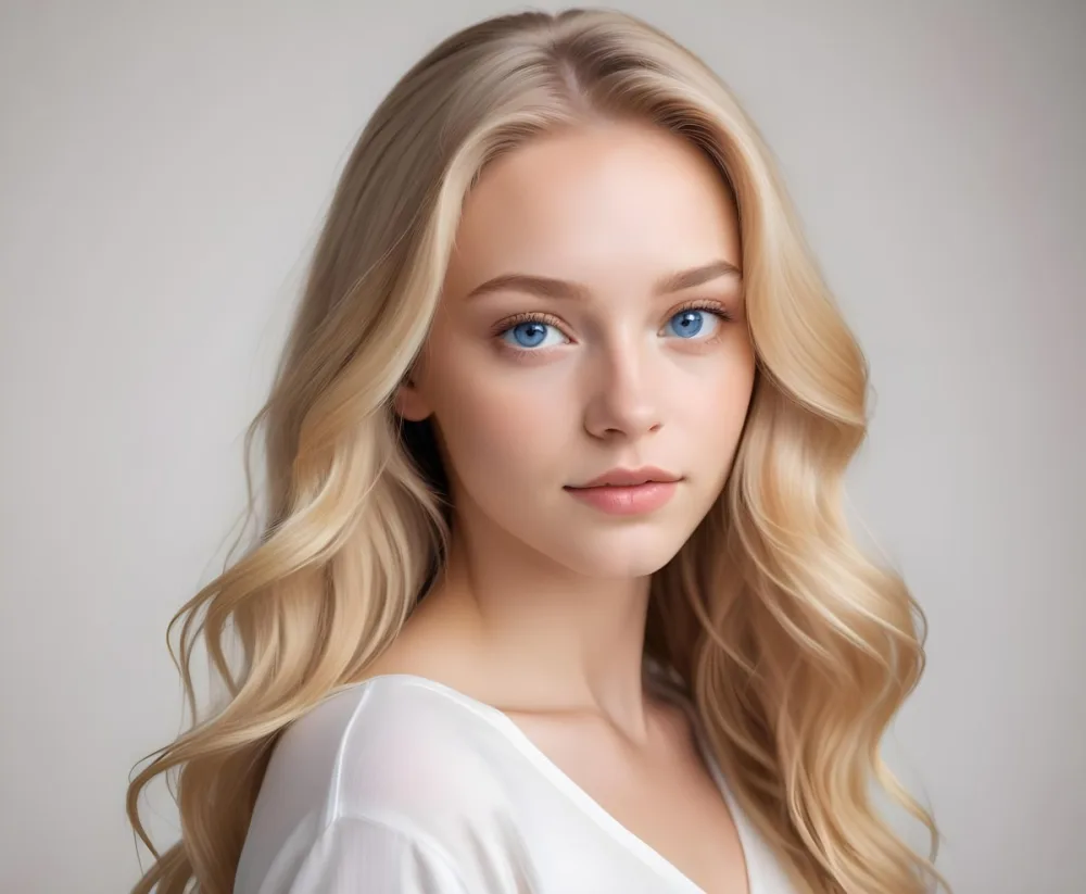 A Young Caucasian Woman With Long Blonde Hair Blue Eyes And Light Skin She Has A Natural Makeup Look And Is Posing Against A Plain White Background 7 A17c
