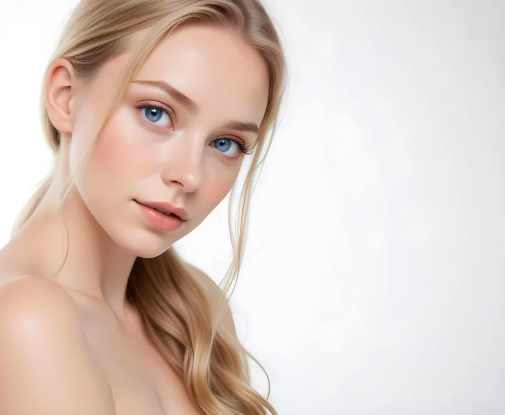 A Young Caucasian Woman With Long Blonde Hair Blue Eyes And Light Skin She Has A Natural Makeup Look And Is Posing Against A Plain White Background 8 5e90