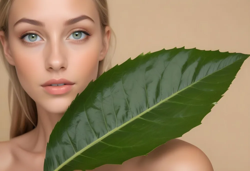 A Young Caucasian Woman With Long Blonde Hair Green Eyes And Light Skin Posing With A Large Green Leaf In Front Of Her Face During Daytime In A Lush Forest 10 C3a2