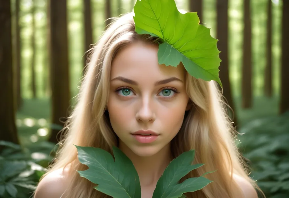 A Young Caucasian Woman With Long Blonde Hair Green Eyes And Light Skin Posing With A Large Green Leaf In Front Of Her Face During Daytime In A Lush Forest 2 Aedd