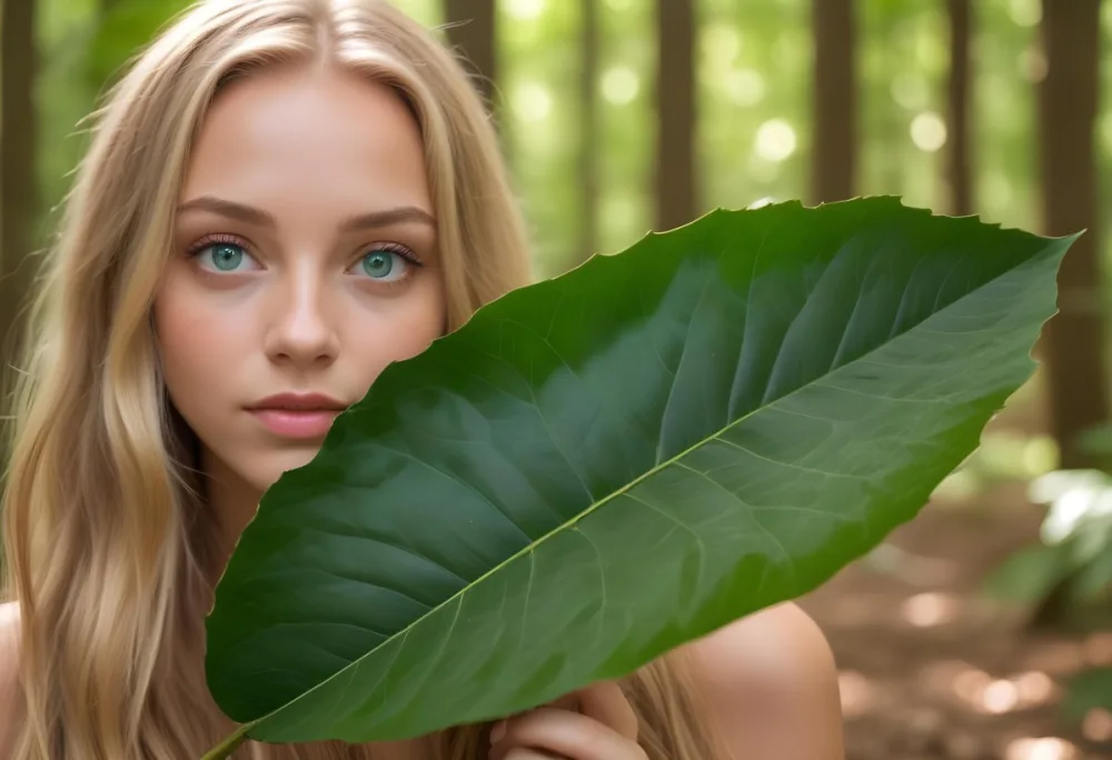 A Young Caucasian Woman With Long Blonde Hair Green Eyes And Light Skin Posing With A Large Green Leaf In Front Of Her Face During Daytime In A Lush Forest 3 Bc6e