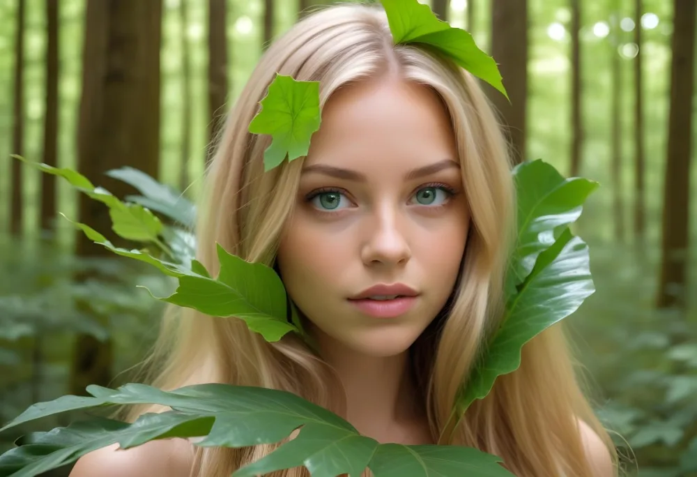 A Young Caucasian Woman With Long Blonde Hair Green Eyes And Light Skin Posing With A Large Green Leaf In Front Of Her Face During Daytime In A Lush Forest 5 Ca33