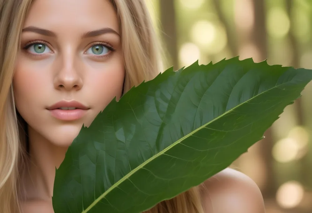 A Young Caucasian Woman With Long Blonde Hair Green Eyes And Light Skin Posing With A Large Green Leaf In Front Of Her Face During Daytime In A Lush Forest 7 3a0c