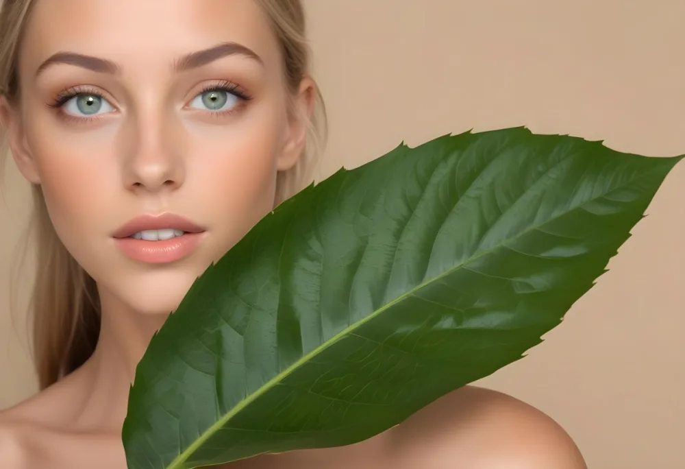 A Young Caucasian Woman With Long Blonde Hair Green Eyes And Light Skin Posing With A Large Green Leaf In Front Of Her Face During Daytime In A Lush Forest 9 01d0