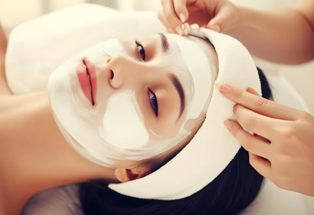 A Young Caucasian Woman With Long Blonde Hair Receiving A Facial Treatment At A Spa During Daytime She Has Her Eyes Closed And Appears To Be Relaxed As A Technician Applies A White Facial Mask To Her Skin 1 4f26