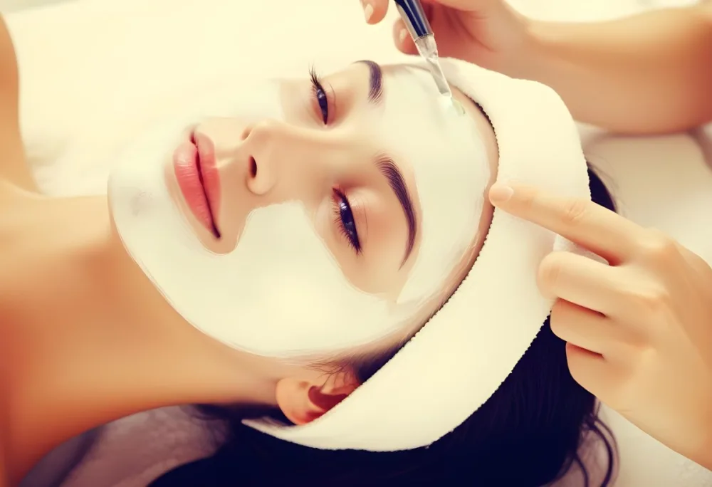 A Young Caucasian Woman With Long Blonde Hair Receiving A Facial Treatment At A Spa During Daytime She Has Her Eyes Closed And Appears To Be Relaxed As A Technician Applies A White Facial Mask To Her Skin 11 2804