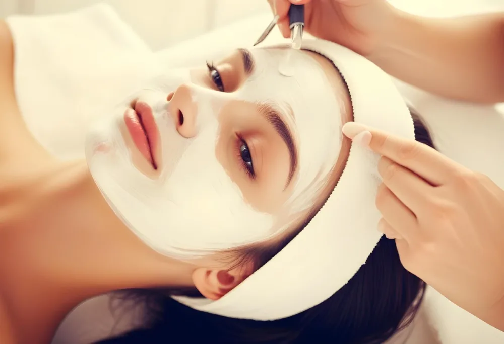 A Young Caucasian Woman With Long Blonde Hair Receiving A Facial Treatment At A Spa During Daytime She Has Her Eyes Closed And Appears To Be Relaxed As A Technician Applies A White Facial Mask To Her Skin 3 F9e9