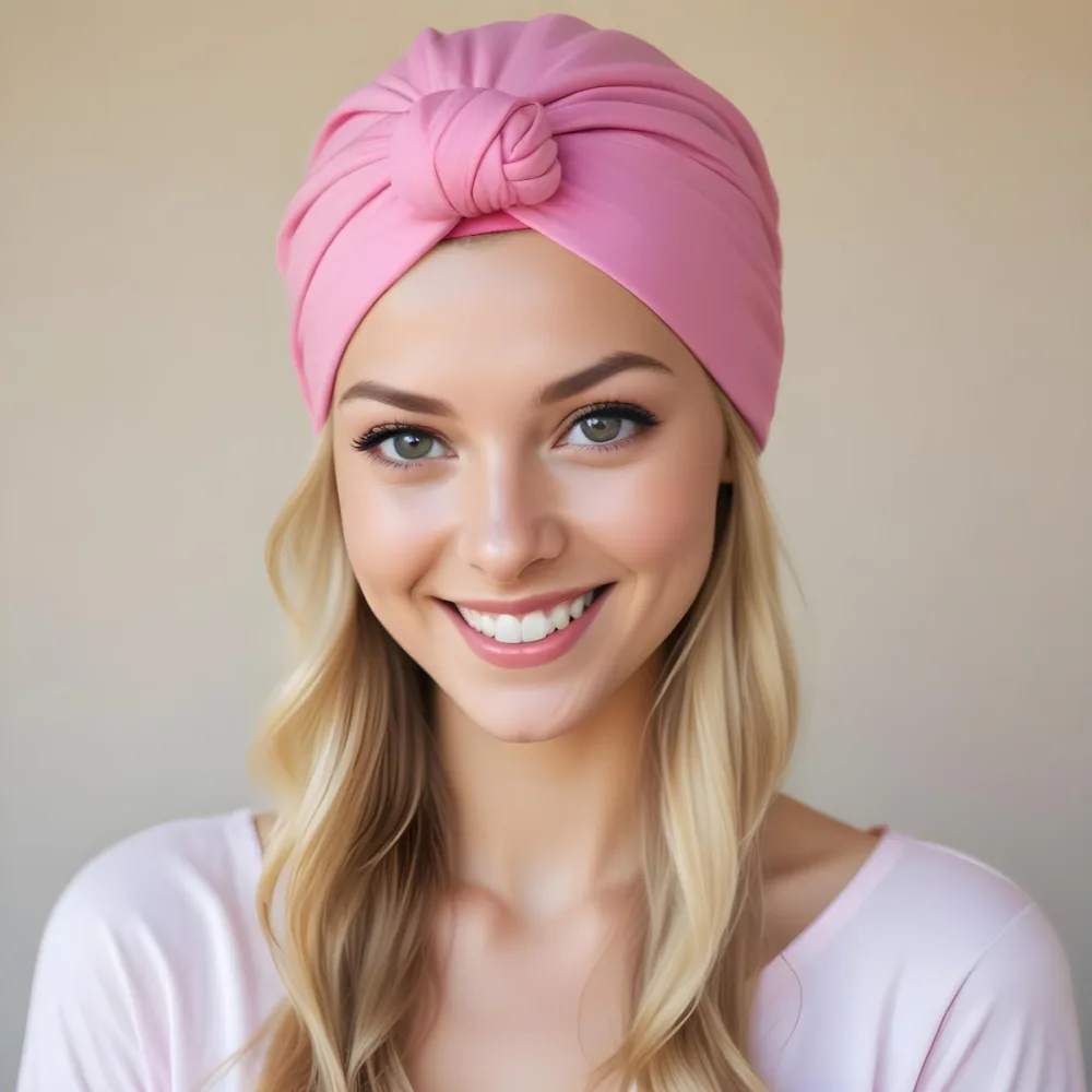 A Young Caucasian Woman With Long Blonde Hair Wearing A Pink Turban Style Headwrap Smiling At The Camera 7 816b