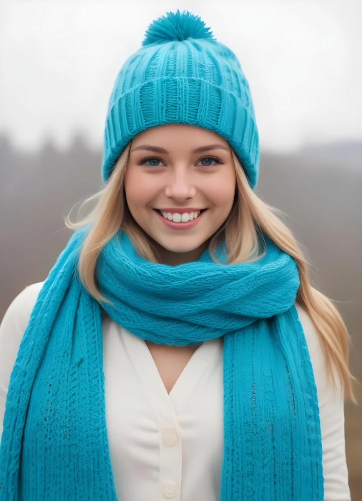 A Young Caucasian Woman With Long Blonde Hair Wearing A Turquoise Knitted Hat And Scarf Smiling At The Camera 10 5258