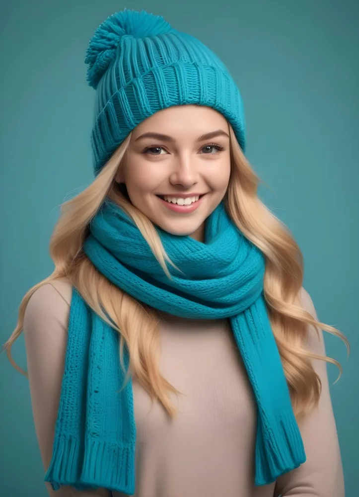A Young Caucasian Woman With Long Blonde Hair Wearing A Turquoise Knitted Hat And Scarf Smiling At The Camera 8 4964