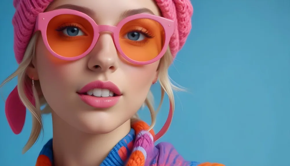 A Young Caucasian Woman With Long Blonde Hair Wearing Bright Pink And Orange Sunglasses A Pink Knit Hat And Colorful Jewelry Against A Blue Background 1 6ff2