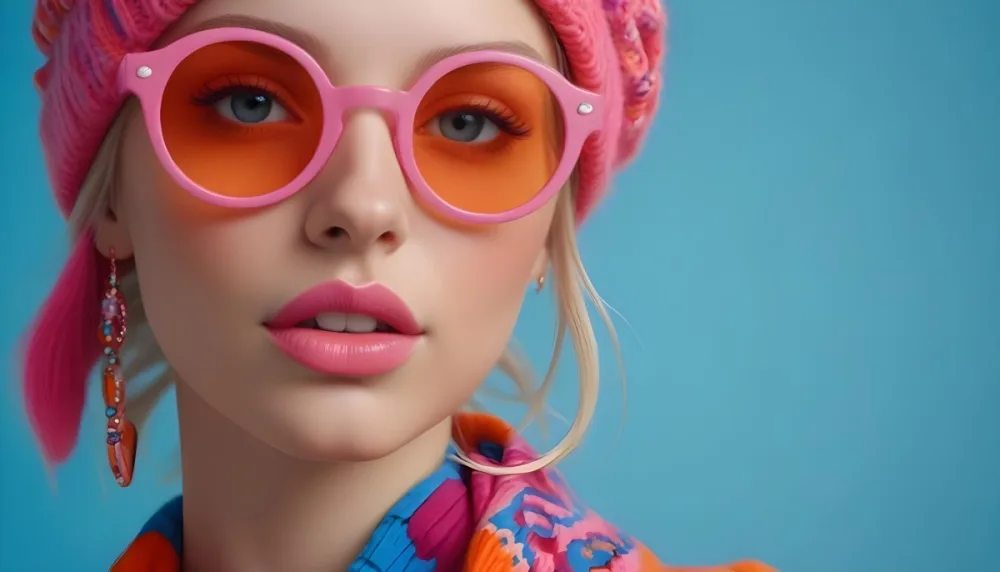 A Young Caucasian Woman With Long Blonde Hair Wearing Bright Pink And Orange Sunglasses A Pink Knit Hat And Colorful Jewelry Against A Blue Background 15 B4b4