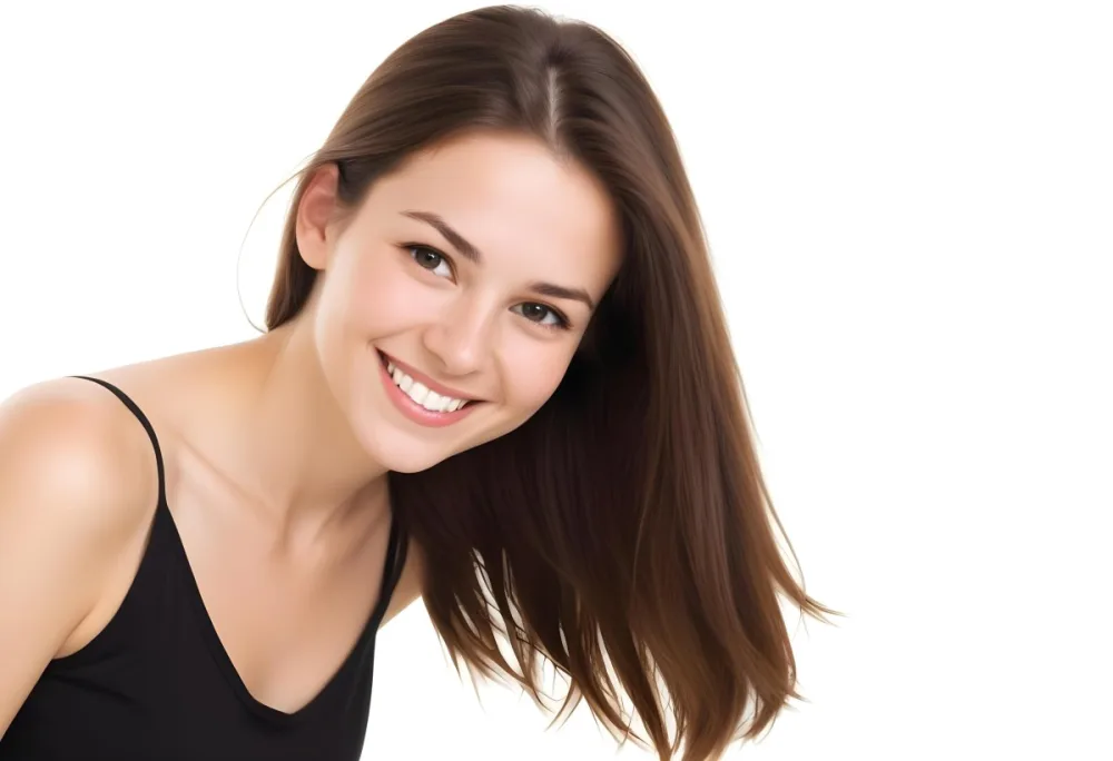 A Young Caucasian Woman With Long Brown Hair And A Warm Smile Wearing A Black Top 2 E15e