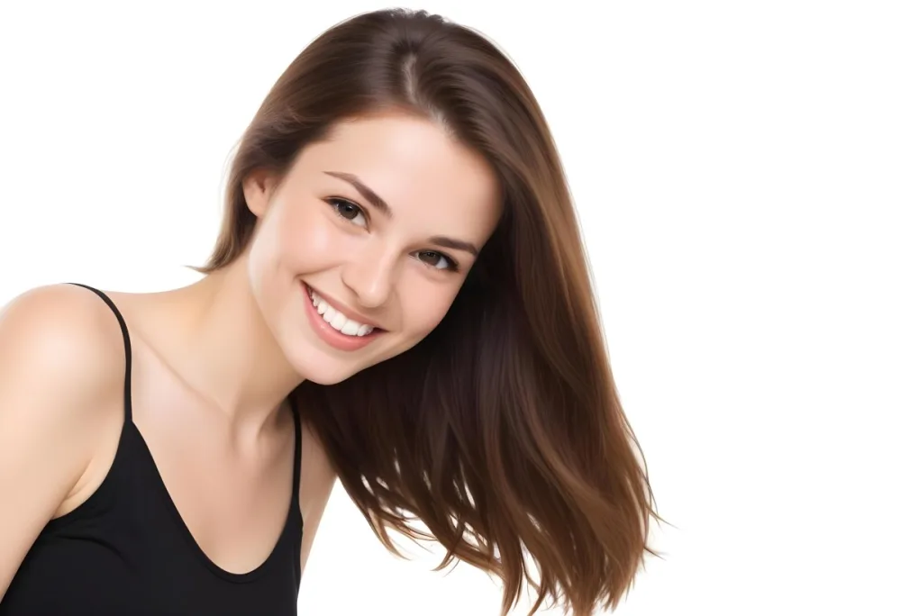 A Young Caucasian Woman With Long Brown Hair And A Warm Smile Wearing A Black Top 7 5deb