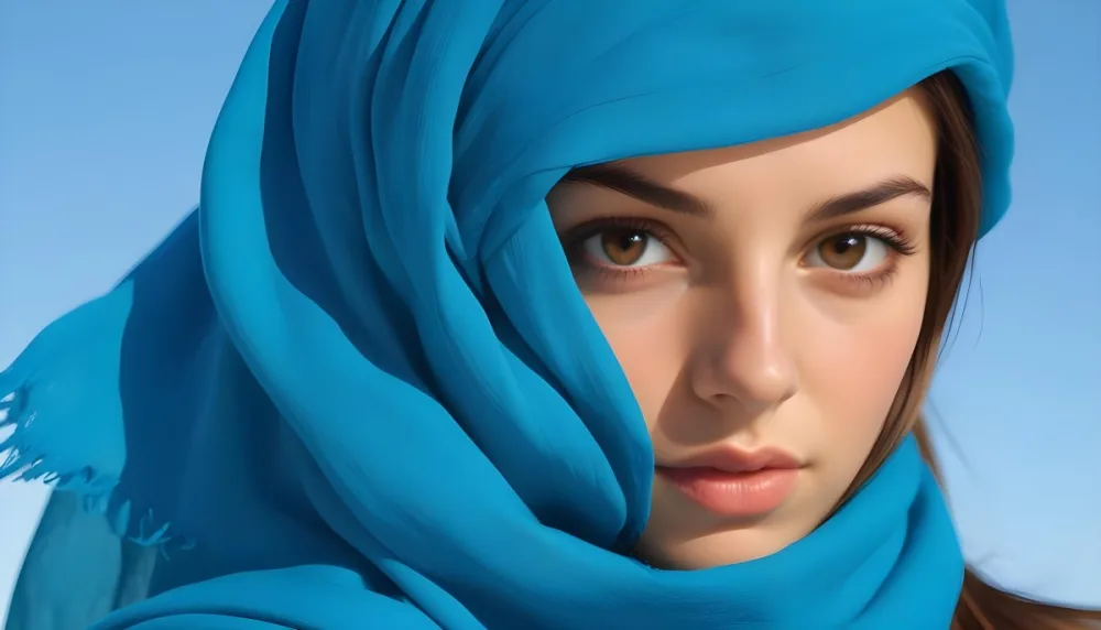A Young Caucasian Woman With Long Brown Hair And Brown Eyes Wearing A Blue Scarf That Partially Obscures Her Face In A Sunny Setting 4 Ad50