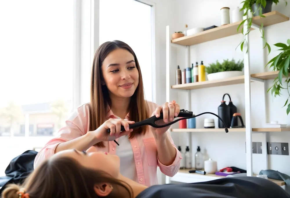 A Young Caucasian Woman With Long Brown Hair In A Pink Shirt Styling The Hair Of A Young Girl With Short Brown Hair In A Salon Setting 1 38de