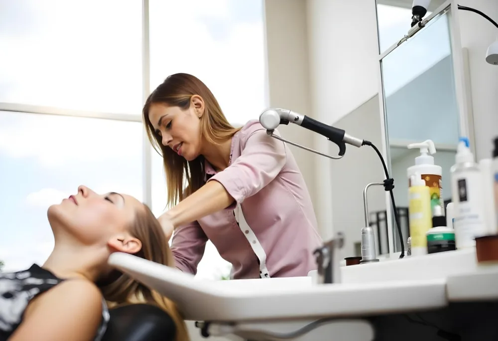 A Young Caucasian Woman With Long Brown Hair In A Pink Shirt Styling The Hair Of A Young Girl With Short Brown Hair In A Salon Setting 2 B971