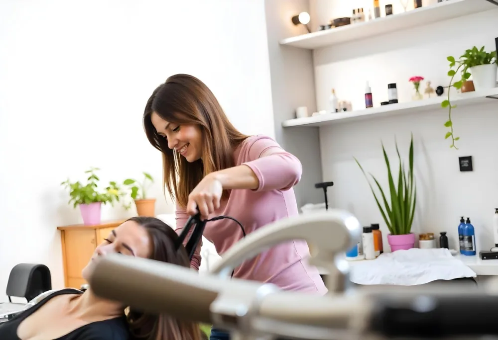 A Young Caucasian Woman With Long Brown Hair In A Pink Shirt Styling The Hair Of A Young Girl With Short Brown Hair In A Salon Setting 4 4b2a