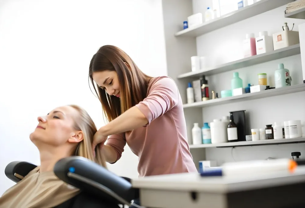 A Young Caucasian Woman With Long Brown Hair In A Pink Shirt Styling The Hair Of A Young Girl With Short Brown Hair In A Salon Setting 5 F214