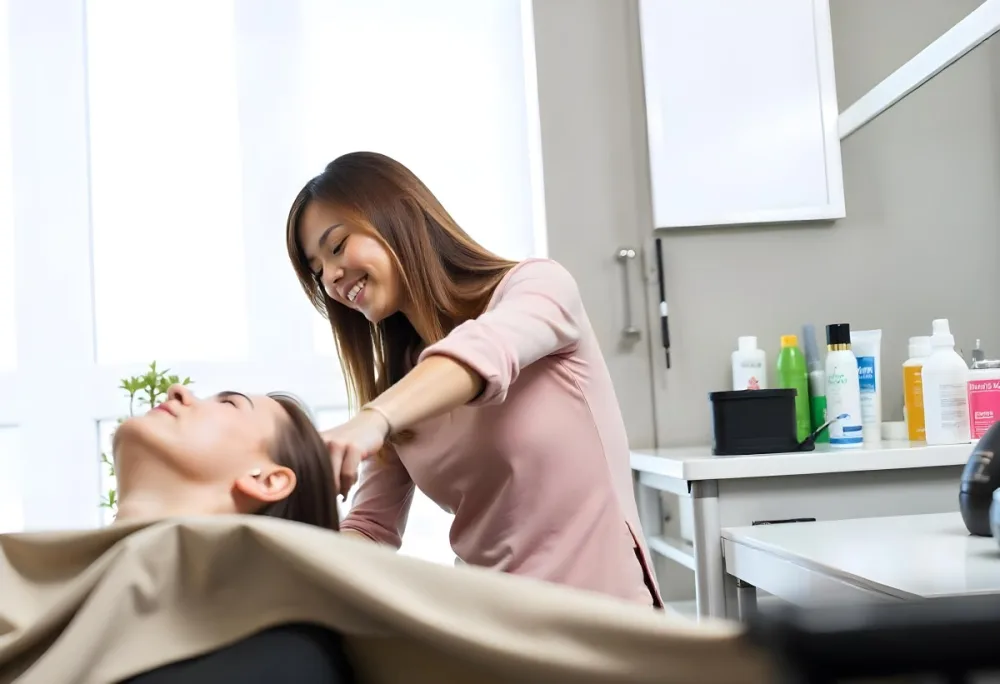 A Young Caucasian Woman With Long Brown Hair In A Pink Shirt Styling The Hair Of A Young Girl With Short Brown Hair In A Salon Setting 6 D9e1