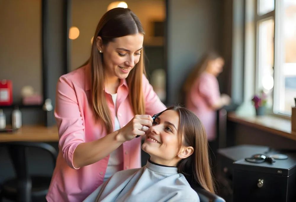 A Young Caucasian Woman With Long Brown Hair In A Pink Shirt Styling The Hair Of A Young Girl With Short Brown Hair In A Salon Setting 7 6b6a
