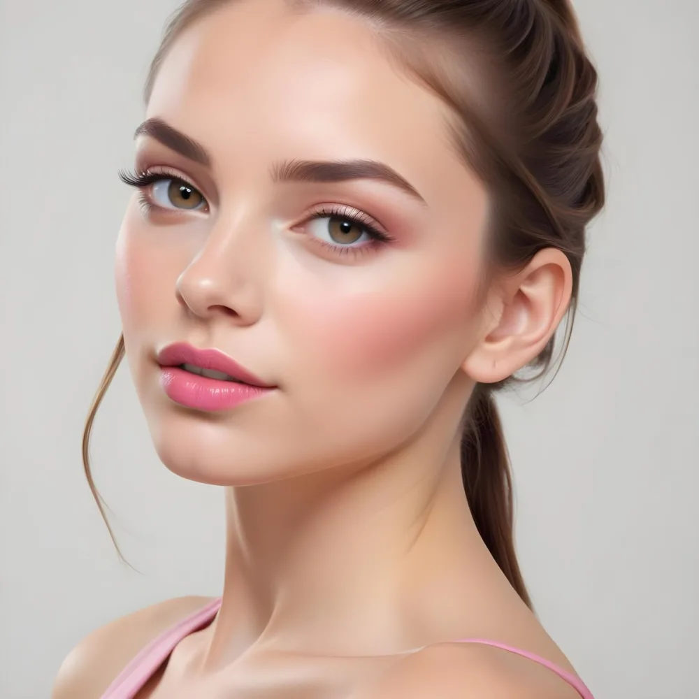 A Young Caucasian Woman With Long Brown Hair Styled In A Ponytail Wearing Natural Looking Makeup With Pink Lips Against A Plain White Background 3 Eb3a