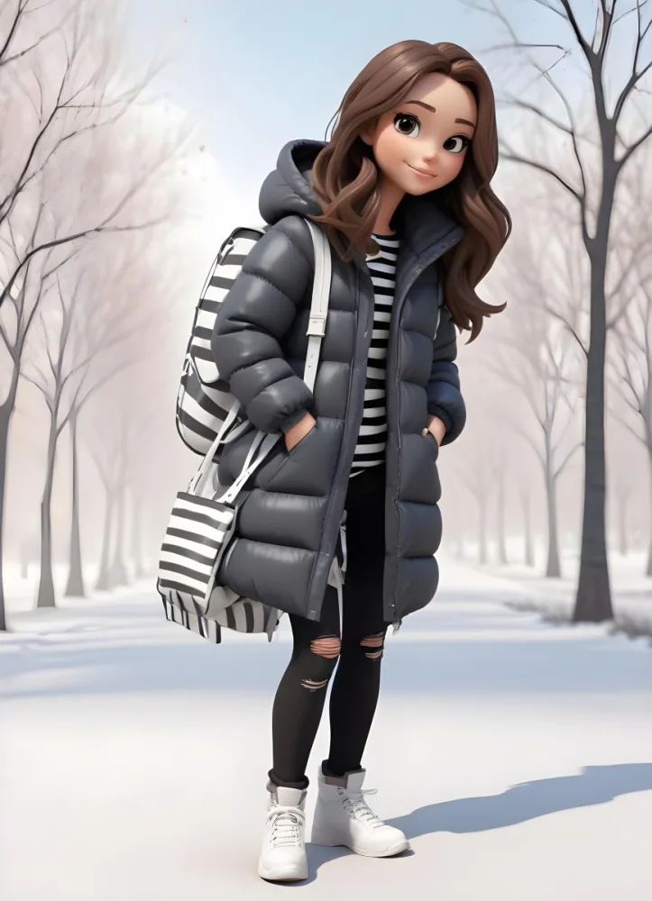 A Young Caucasian Woman With Long Brown Hair Wearing A Dark Gray Hooded Puffer Coat A Striped Shirt And Ripped Black Jeans She Is Holding A White Bag And Appears To Be Standing Outdoors In A Sunny Park 14 Db29