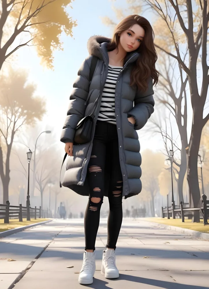 A Young Caucasian Woman With Long Brown Hair Wearing A Dark Gray Hooded Puffer Coat A Striped Shirt And Ripped Black Jeans She Is Holding A White Bag And Appears To Be Standing Outdoors In A Sunny Park 17 A388