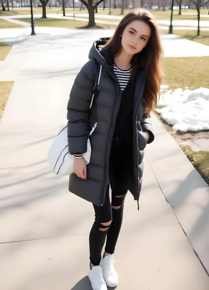 A Young Caucasian Woman With Long Brown Hair Wearing A Dark Gray Hooded Puffer Coat A Striped Shirt And Ripped Black Jeans She Is Holding A White Bag And Appears To Be Standing Outdoors In A Sunny Park 6 F8ed