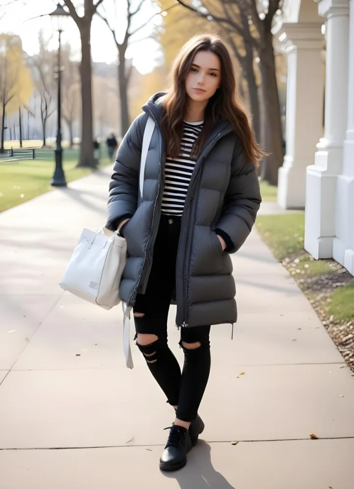 A Young Caucasian Woman With Long Brown Hair Wearing A Dark Gray Hooded Puffer Coat A Striped Shirt And Ripped Black Jeans She Is Holding A White Bag And Appears To Be Standing Outdoors In A Sunny Park 9 B839