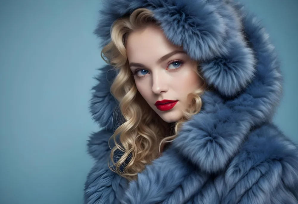 A Young Caucasian Woman With Long Curly Blonde Hair Wearing A Blue Fur Coat Looking Directly At The Camera With Red Lipstick 11 F4cf