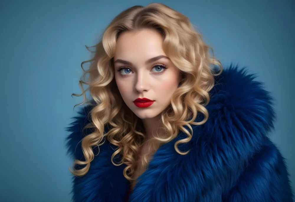 A Young Caucasian Woman With Long Curly Blonde Hair Wearing A Blue Fur Coat Looking Directly At The Camera With Red Lipstick 14 B27d
