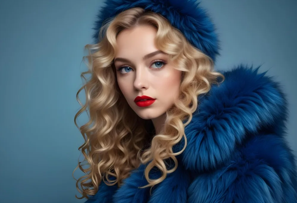 A Young Caucasian Woman With Long Curly Blonde Hair Wearing A Blue Fur Coat Looking Directly At The Camera With Red Lipstick 18 E5e8
