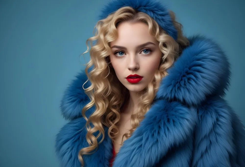 A Young Caucasian Woman With Long Curly Blonde Hair Wearing A Blue Fur Coat Looking Directly At The Camera With Red Lipstick 19 643f