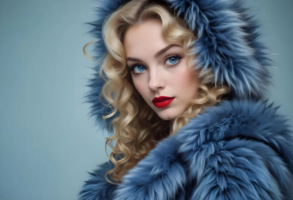 A Young Caucasian Woman With Long Curly Blonde Hair Wearing A Blue Fur Coat Looking Directly At The Camera With Red Lipstick 2 E95a