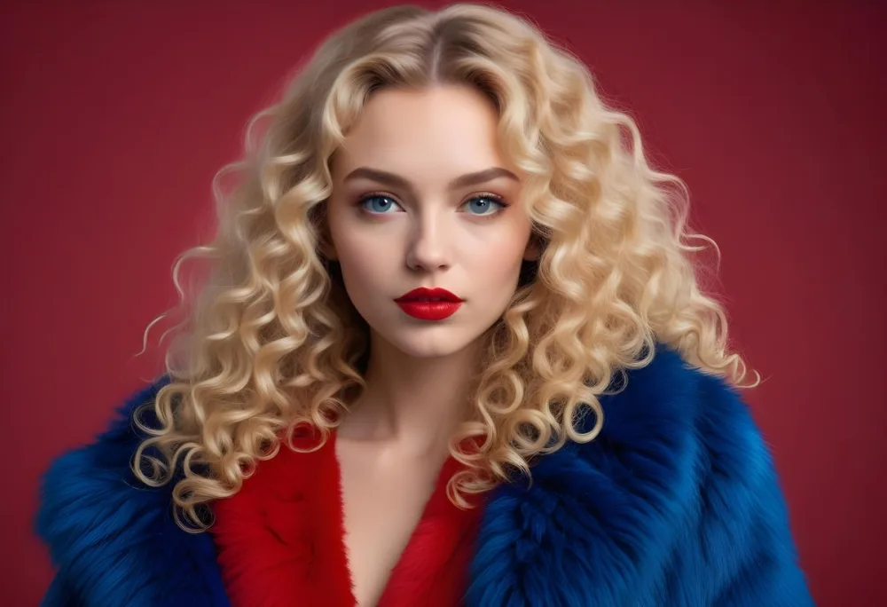 A Young Caucasian Woman With Long Curly Blonde Hair Wearing A Blue Fur Coat Looking Directly At The Camera With Red Lipstick 23 1bec