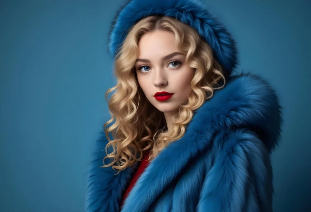 A Young Caucasian Woman With Long Curly Blonde Hair Wearing A Blue Fur Coat Looking Directly At The Camera With Red Lipstick 27 F322