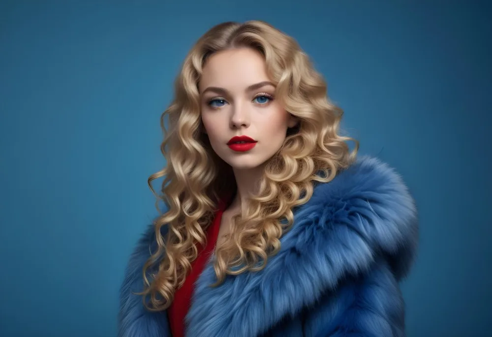 A Young Caucasian Woman With Long Curly Blonde Hair Wearing A Blue Fur Coat Looking Directly At The Camera With Red Lipstick 29 0104