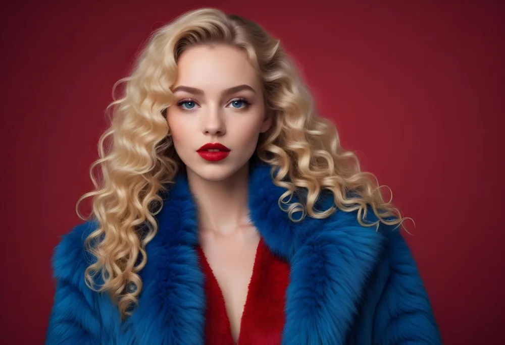 A Young Caucasian Woman With Long Curly Blonde Hair Wearing A Blue Fur Coat Looking Directly At The Camera With Red Lipstick 31 8e4e