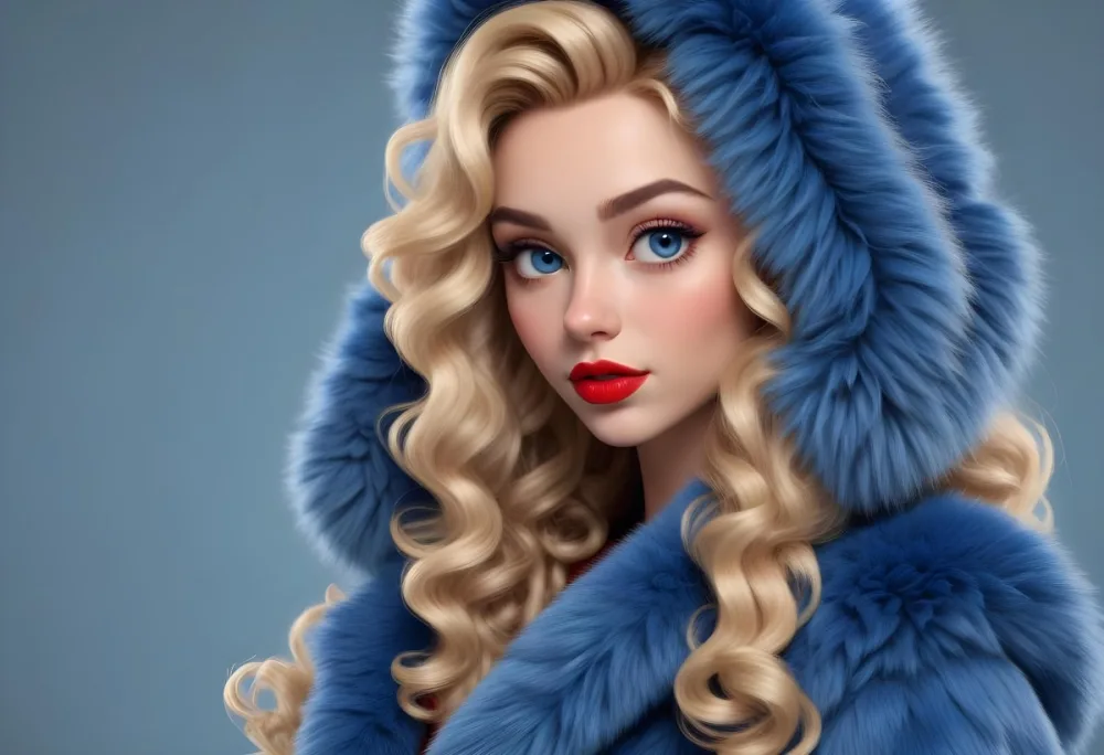 A Young Caucasian Woman With Long Curly Blonde Hair Wearing A Blue Fur Coat Looking Directly At The Camera With Red Lipstick 33 D625
