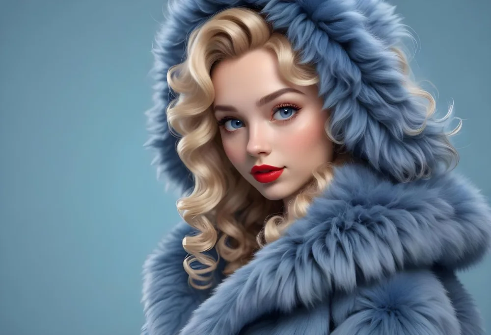 A Young Caucasian Woman With Long Curly Blonde Hair Wearing A Blue Fur Coat Looking Directly At The Camera With Red Lipstick 34 40b4